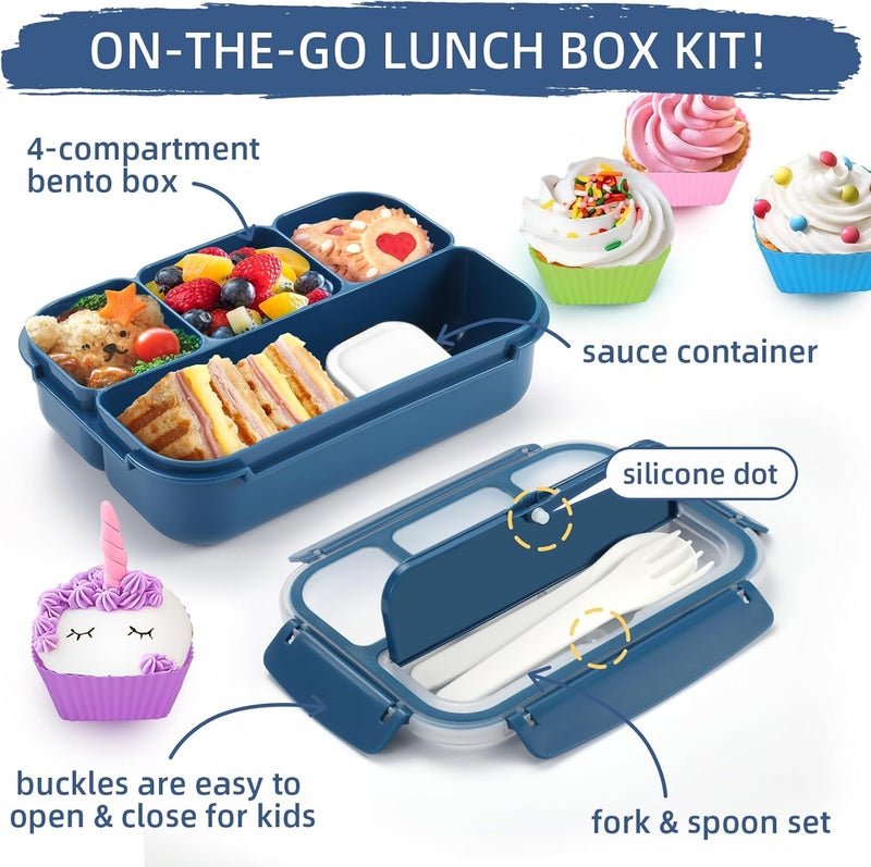 QQKO Bento Box Adult Lunch Box, Lunch Containers for Adults Men Women, Kids Lunch Boxes for School with 4 Compartments, Sauce Container, Utensils and Muffin Cups, Navy - Image 3
